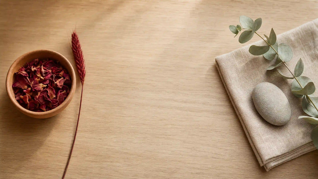KATALYST red light vs near-infrared wavelength comparison guide — symmetrical flat-lay of warm and cool botanical elements illustrating 660nm versus 850nm depth differences for choosing the right at-home device