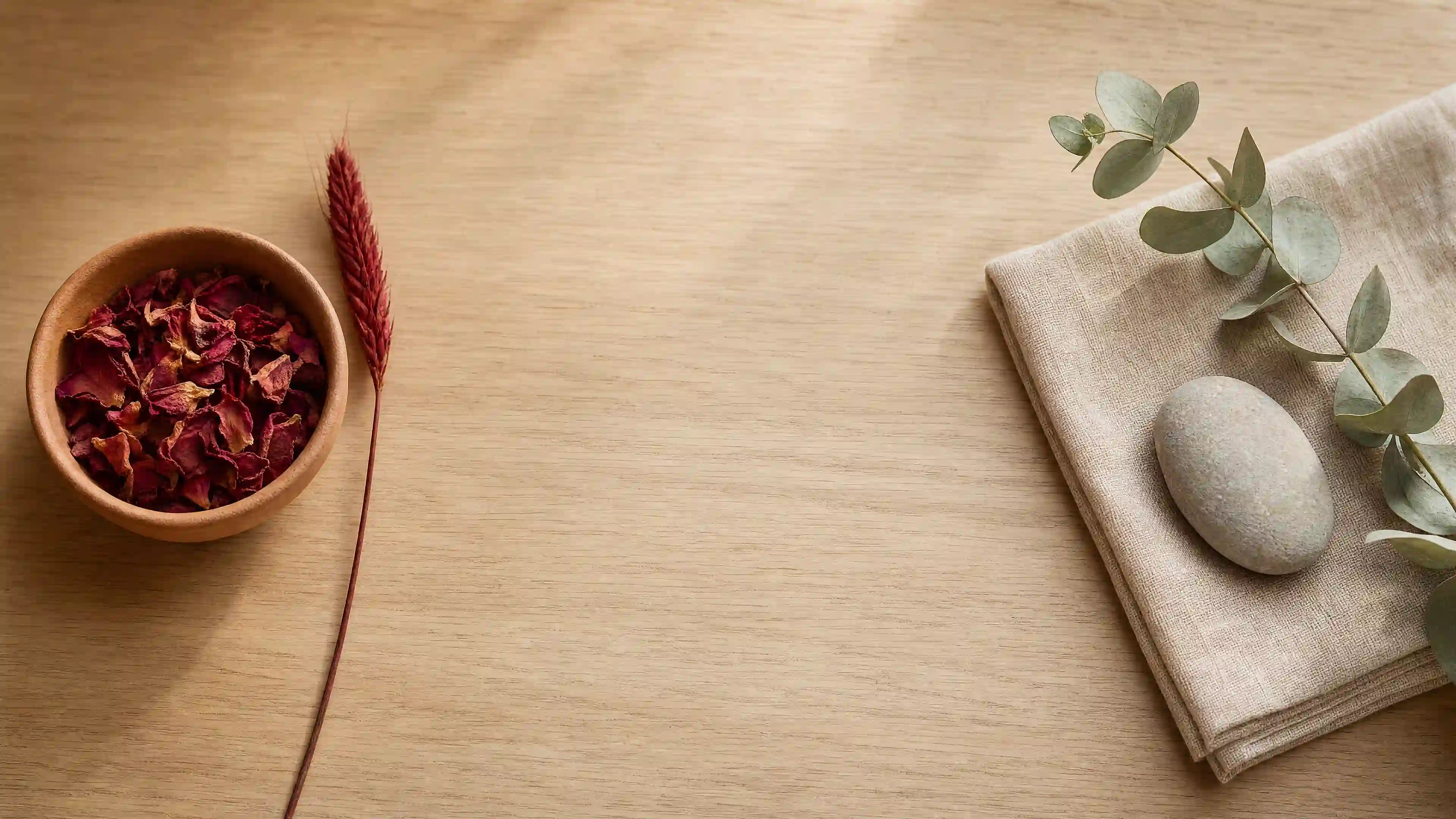 KATALYST red light vs near-infrared wavelength comparison guide — symmetrical flat-lay of warm and cool botanical elements illustrating 660nm versus 850nm depth differences for choosing the right at-home device
