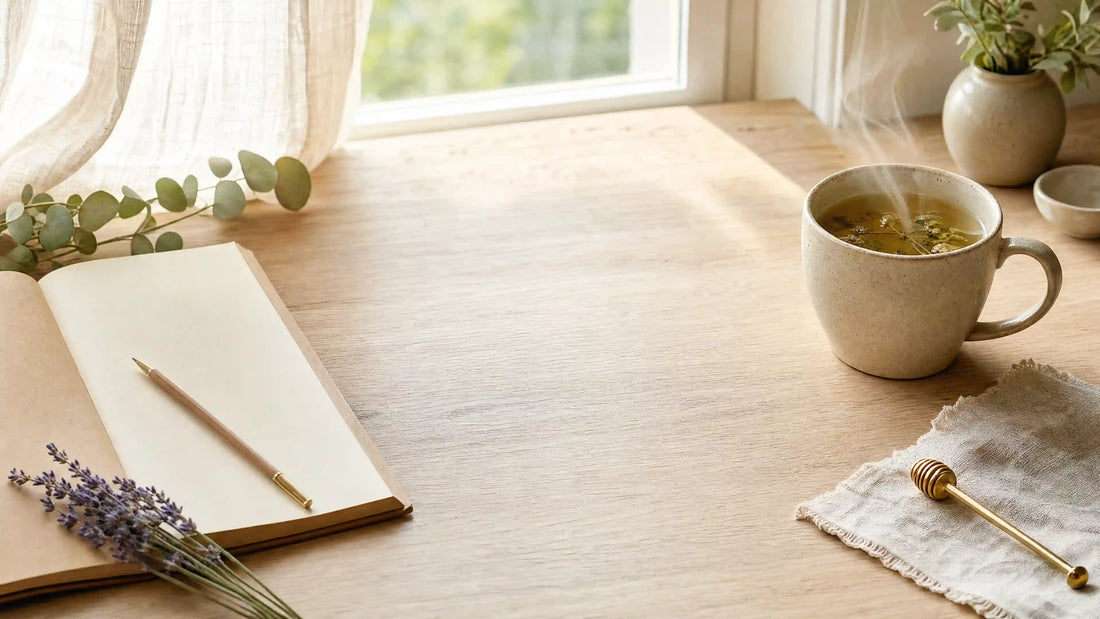 KATALYST red light therapy 101 beginners complete guide — quiet morning learning ritual scene with open notebook and herbal tea, introducing 660nm and 850nm photobiomodulation basics for at-home wellness