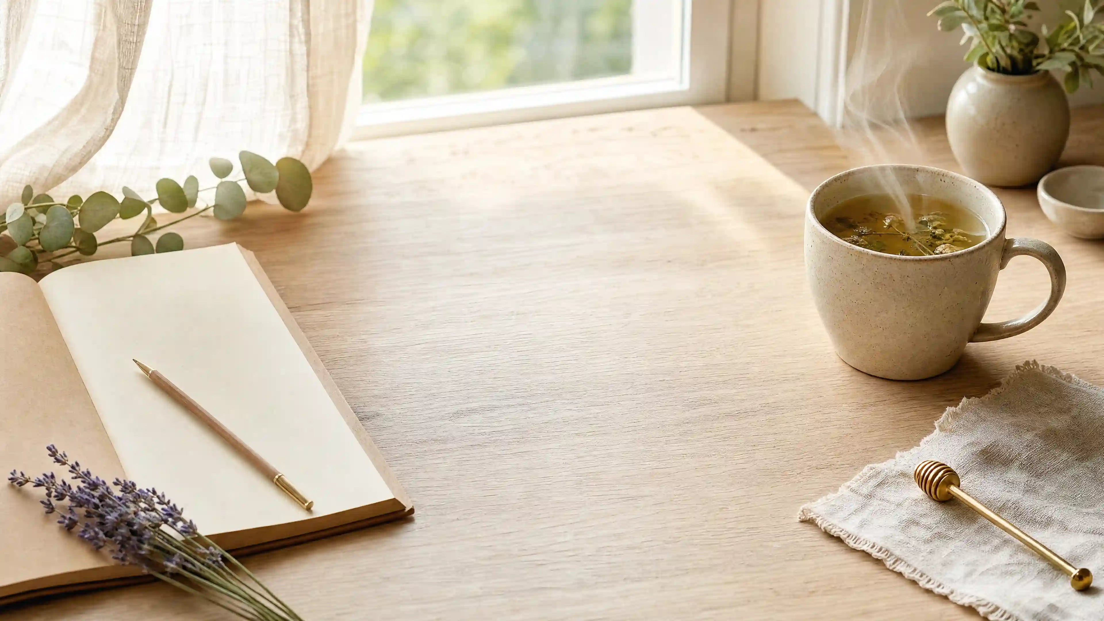 KATALYST red light therapy 101 beginners complete guide — quiet morning learning ritual scene with open notebook and herbal tea, introducing 660nm and 850nm photobiomodulation basics for at-home wellness