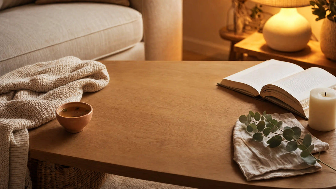 KATALYST red light therapy at home protocols — cozy evening living room scene with throw blanket and herbal tea, illustrating session length, frequency, and weekly routines for at-home photobiomodulation