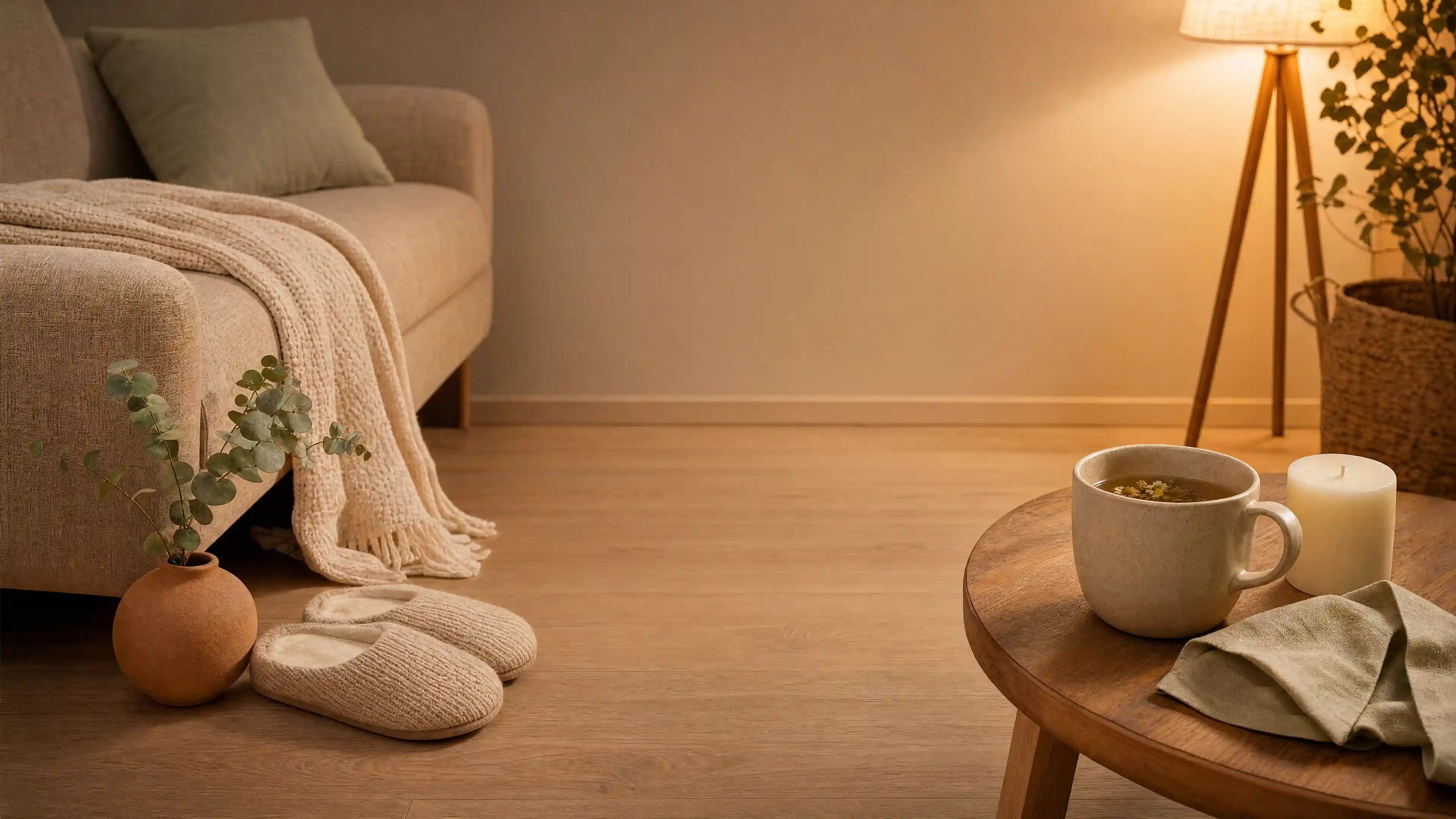 KATALYST red light therapy for foot wind-down after long days — quiet evening sofa scene with knit slippers and warm tea, exploring 15-minute cordless wearable routines for everyday rest