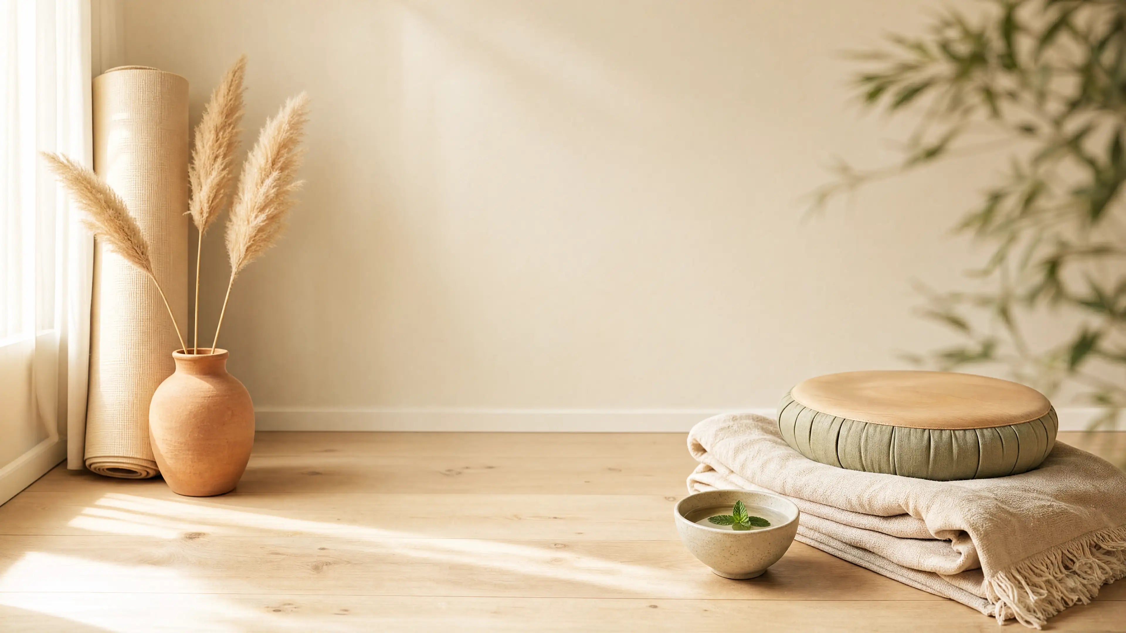 KATALYST red light therapy for joint comfort guide — peaceful pre-stretching wellness ritual scene with yoga mat and pampas grass, exploring wearable photobiomodulation for everyday body recovery support