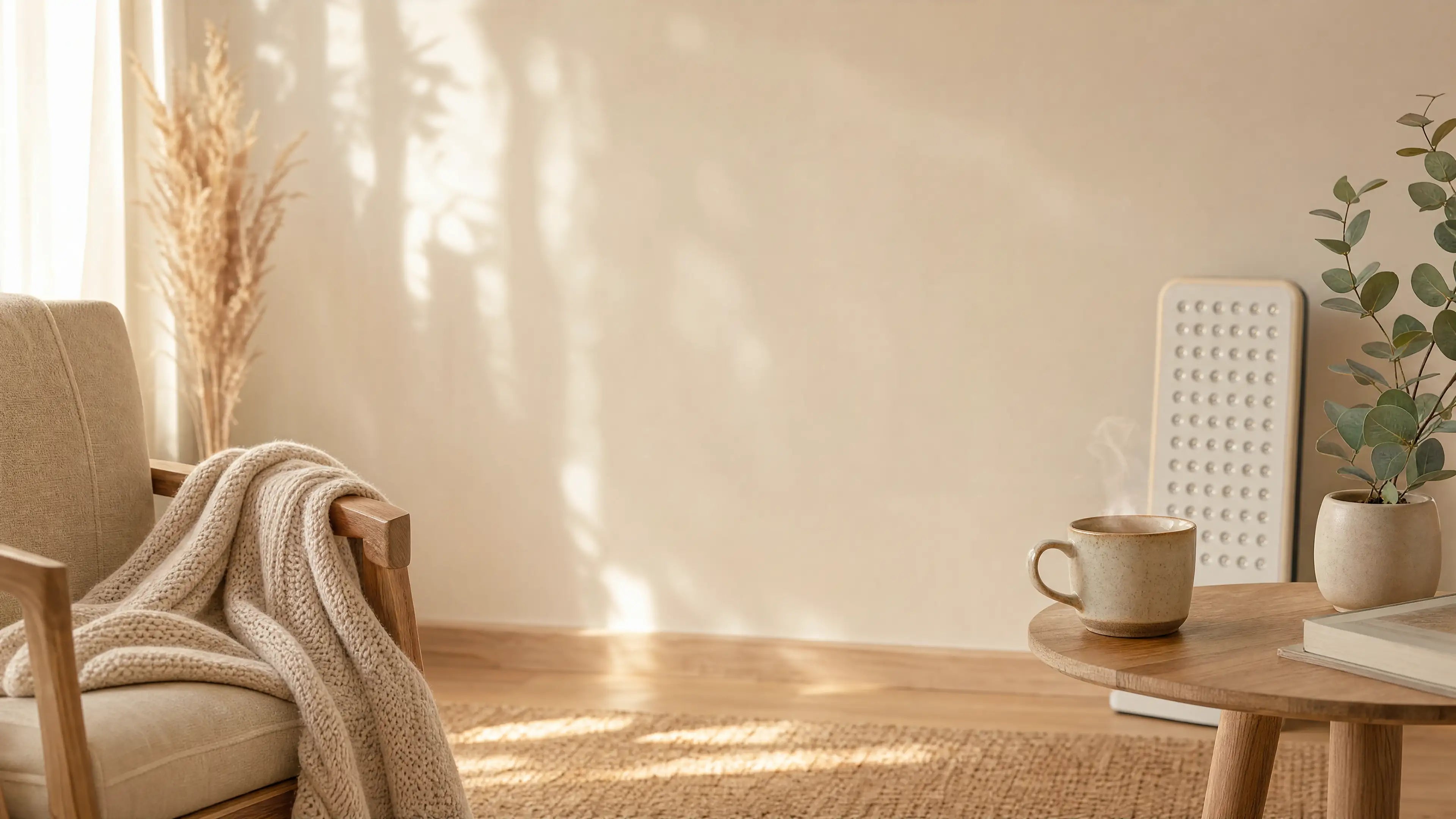 Warm minimalist wellness home scene with cream tones - customer reviews section background