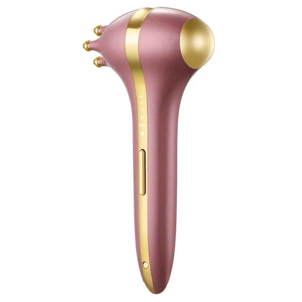 KATALYST 3-in-1 RF beauty device with 24K gold tip on pure white background — rose-gold massage tool