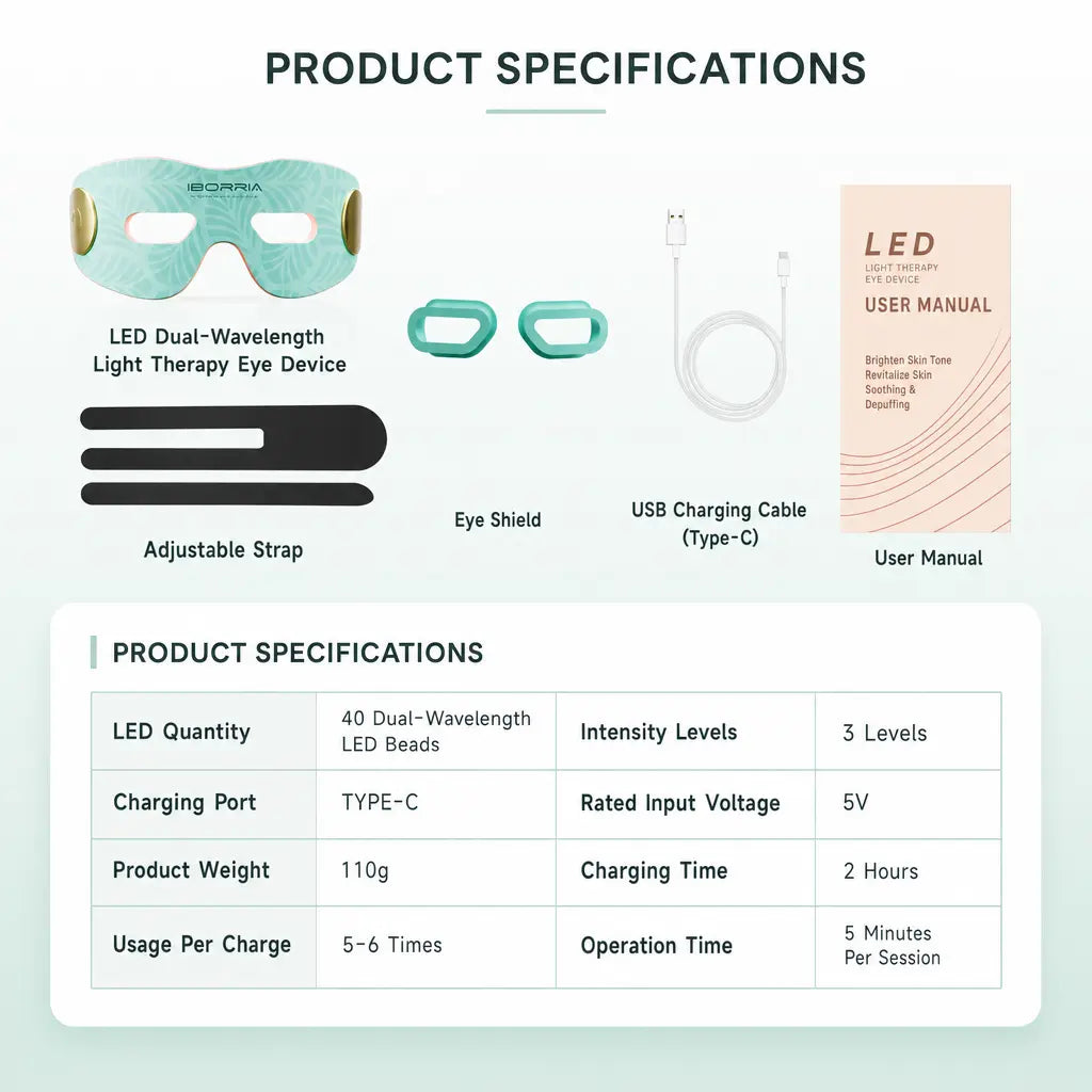 KATALYST M6 Silicone Eye Massager packaging, featuring the product box, USB charging cable, pouch, and manual.