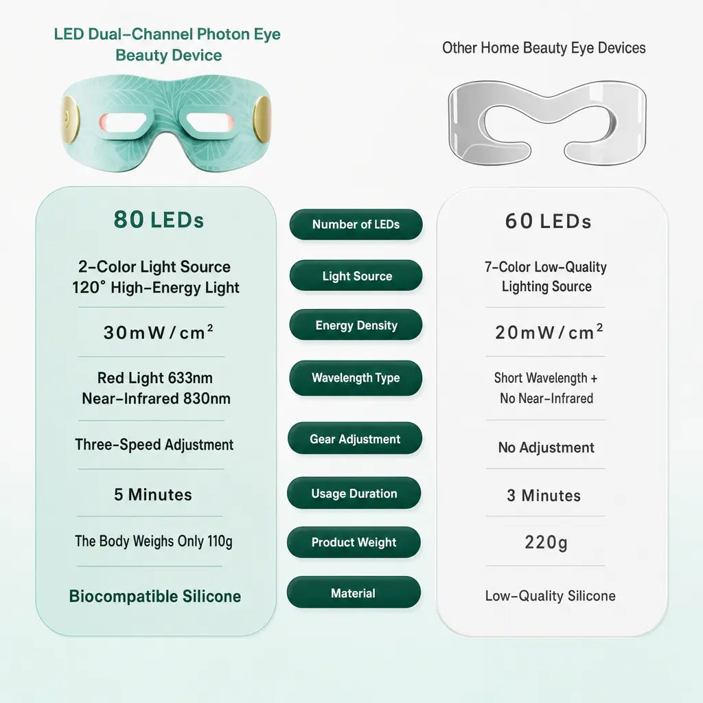 KATALYST M6 Silicone Eye Massager benefits, showing eye care effects of reducing wrinkles, dark circles, and puffiness.