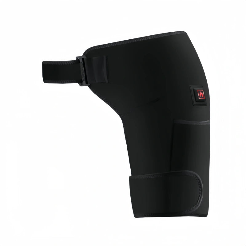 KATALYST Cordless Hip & Thigh Therapy Wrap in black suede finish with red flame control button and adjustable strap on white background