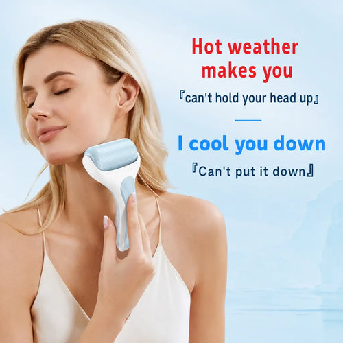 KATALYST Facial Ice Roller: woman applying the pink cooling wheel to her face to reduce skin puffiness.