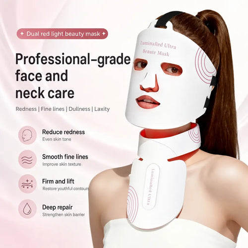 KATALYST LED face mask infographic showing 204 premium LEDs and skin penetration of red light therapy.