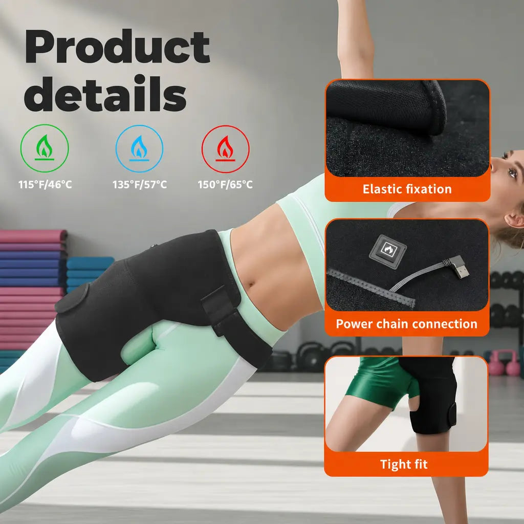 KATALYST Cordless Hip and Thigh Wrap infographic, showcasing red light therapy, heat therapy, and vibration massage.