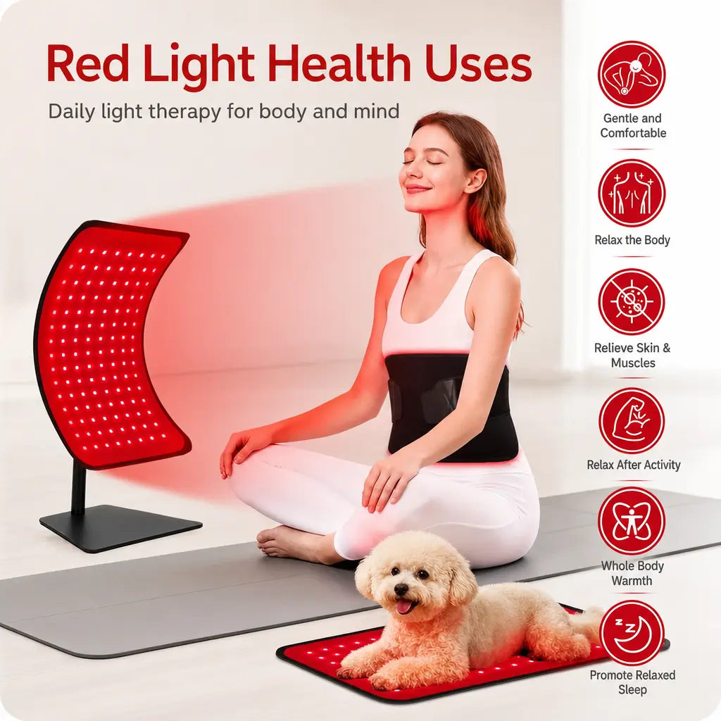 KATALYST red light therapy device infographic illustrating 2-in-1 design with desktop lamp and wearable belt.