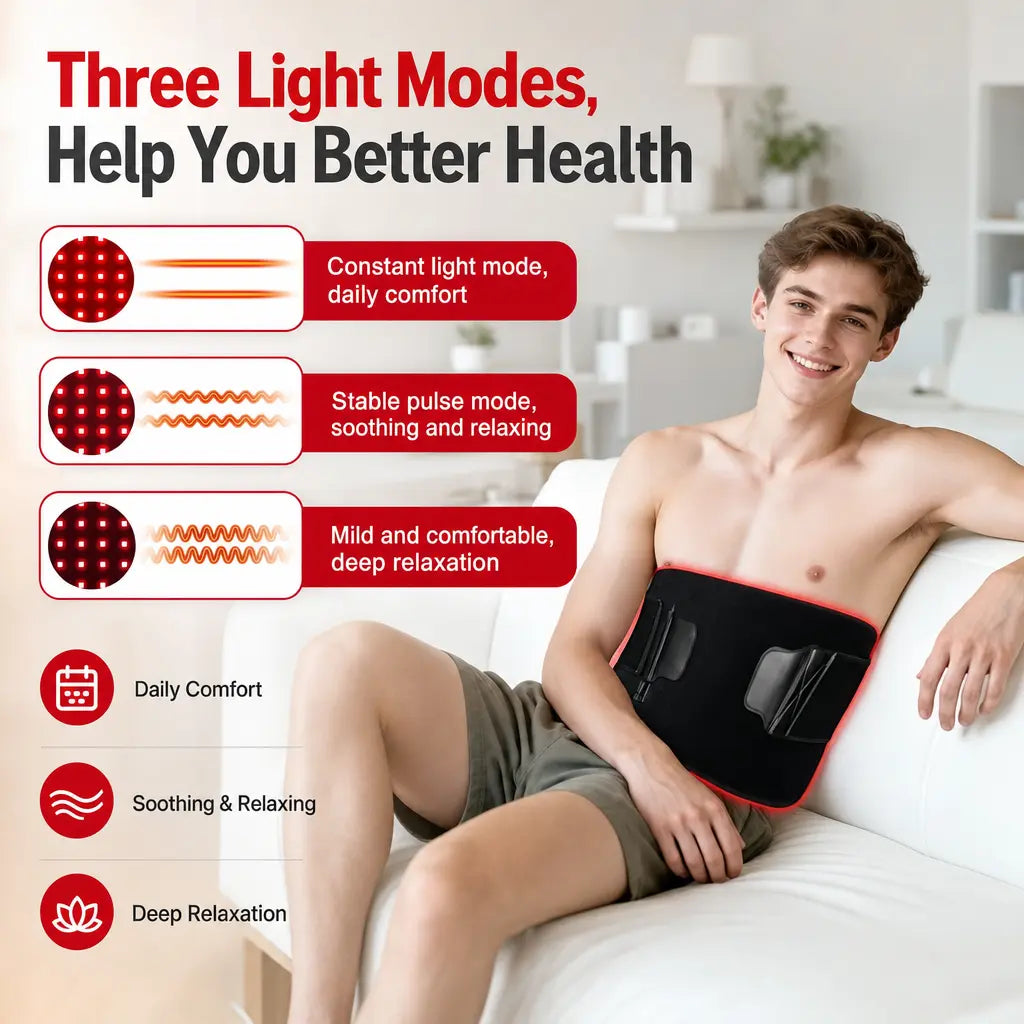 KATALYST red light therapy belt benefits infographic presenting target pain relief for neck, shoulder, and back.