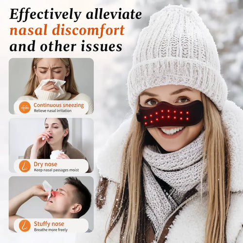 KATALYST Cordless Red Light Nasal Mask on a woman wearing the device to soothe her nasal passages and breathe easily.