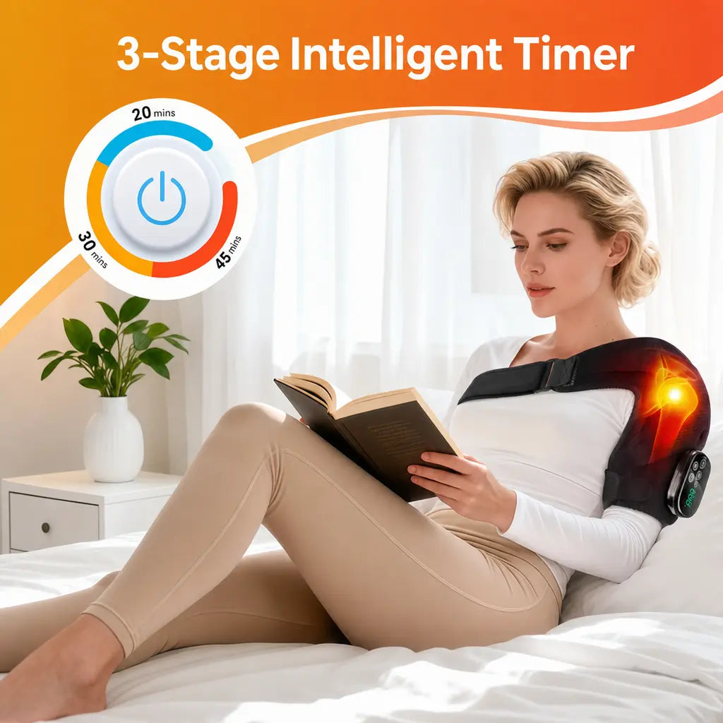 KATALYST cordless red light shoulder massager digital LED touch controller showing temperature setting close-up