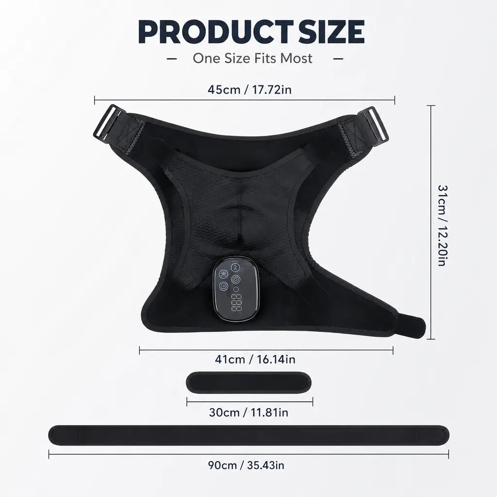 KATALYST cordless red light shoulder massager packaging showing the product box, extension strap, and USB-C cable