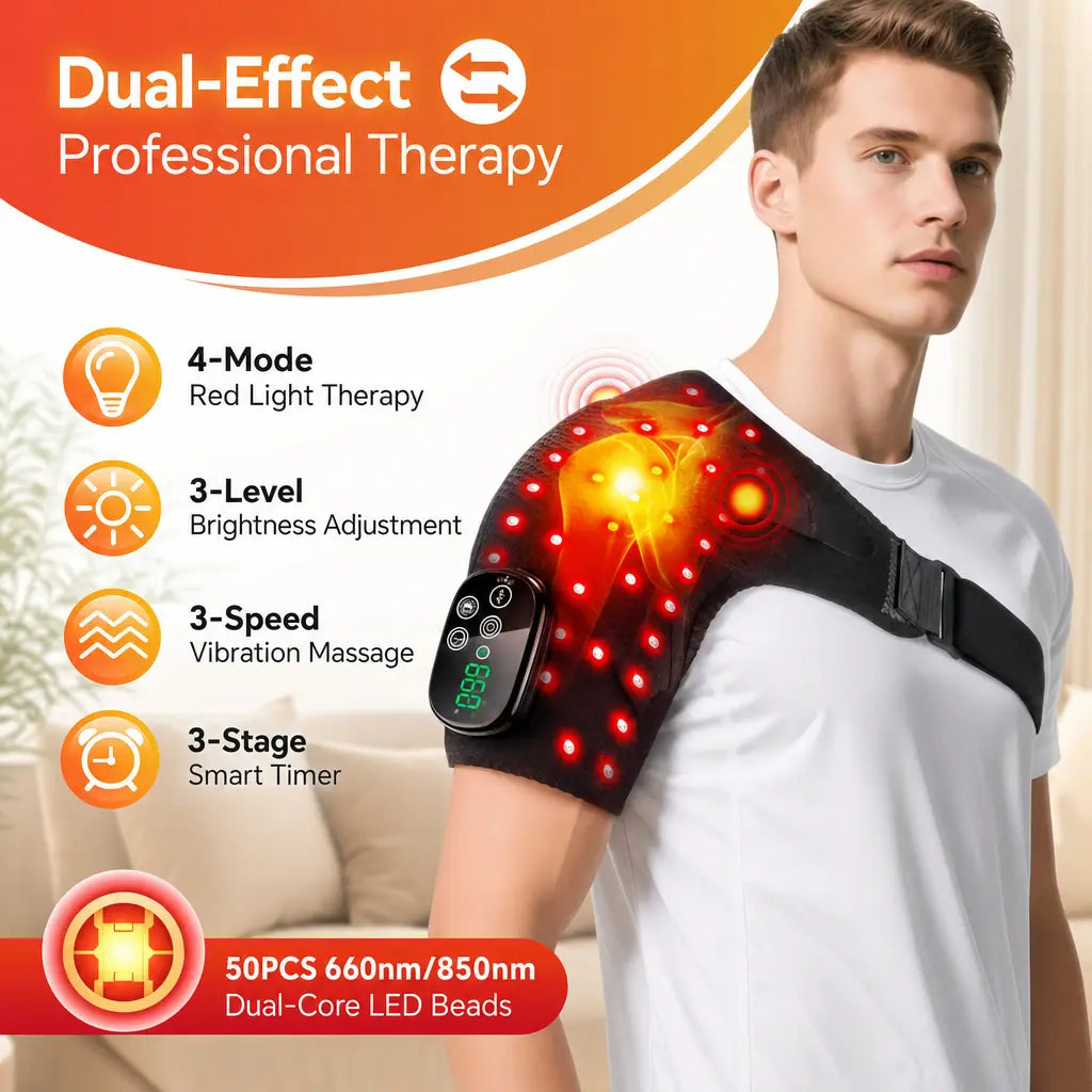 KATALYST red light shoulder massager infographic showing multipurpose joint care for shoulder, elbow, and knee