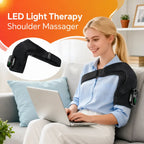 KATALYST red light shoulder massager infographic showing three heating levels and heat modes for pain relief