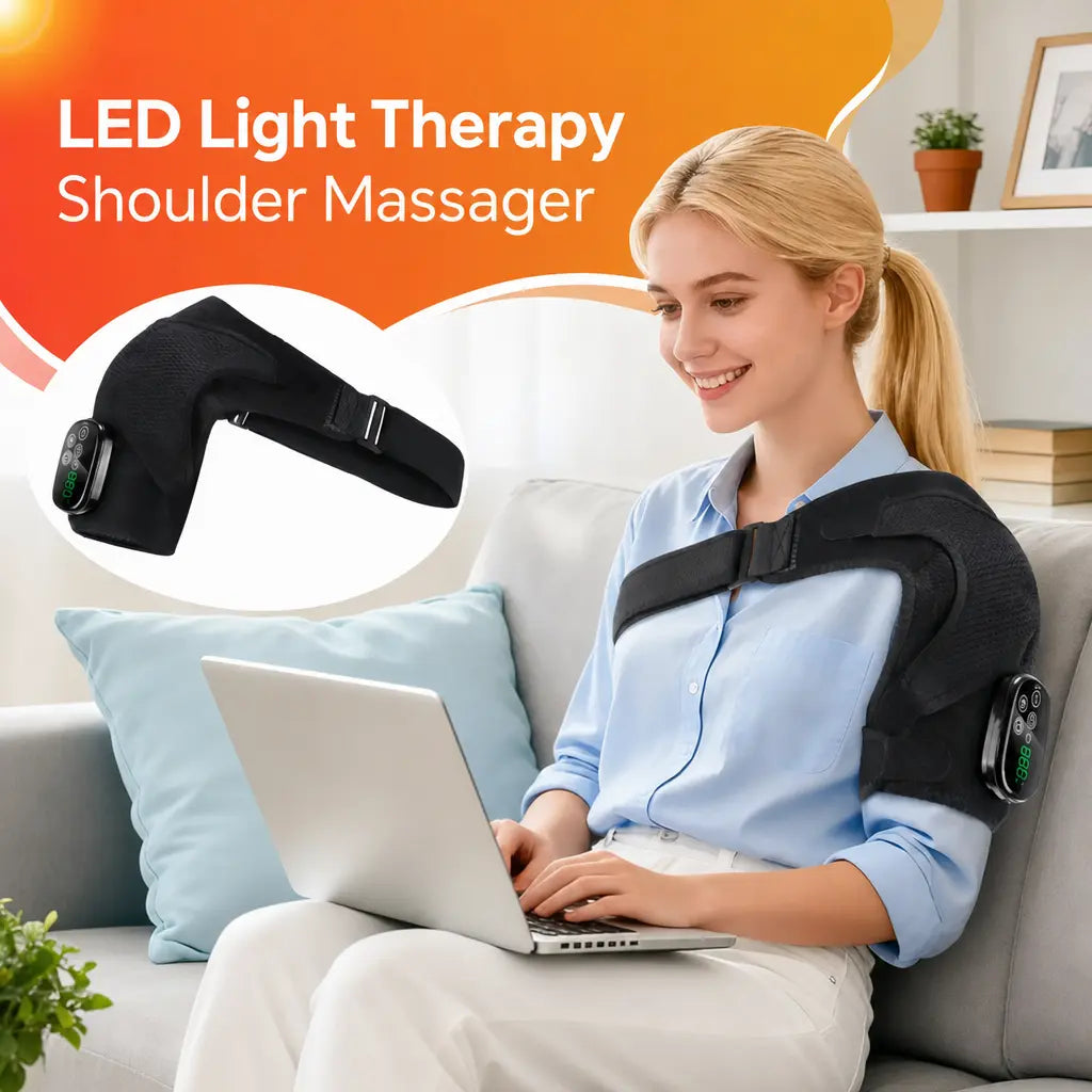 KATALYST red light shoulder massager infographic showing three heating levels and heat modes for pain relief