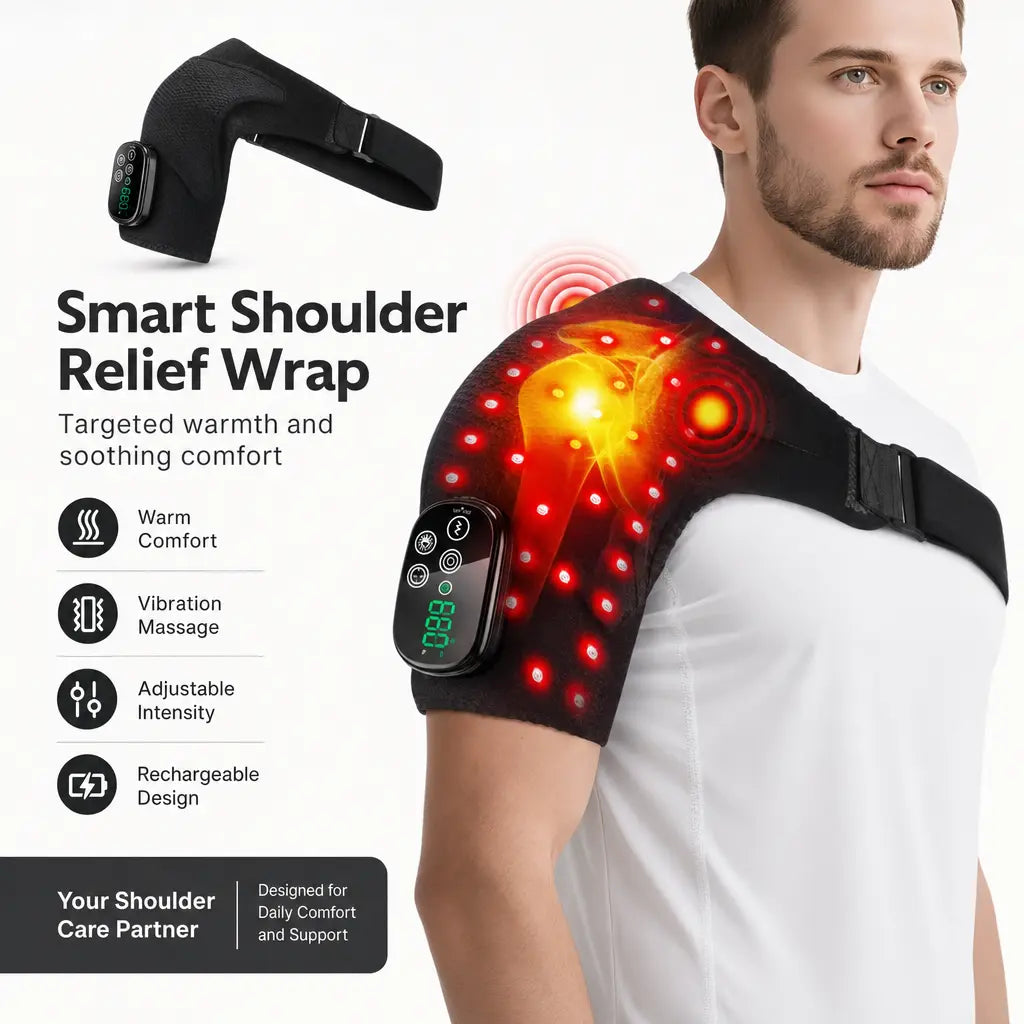 KATALYST cordless red light shoulder massager: woman wearing the heated shoulder wrap to relieve joint stiffness