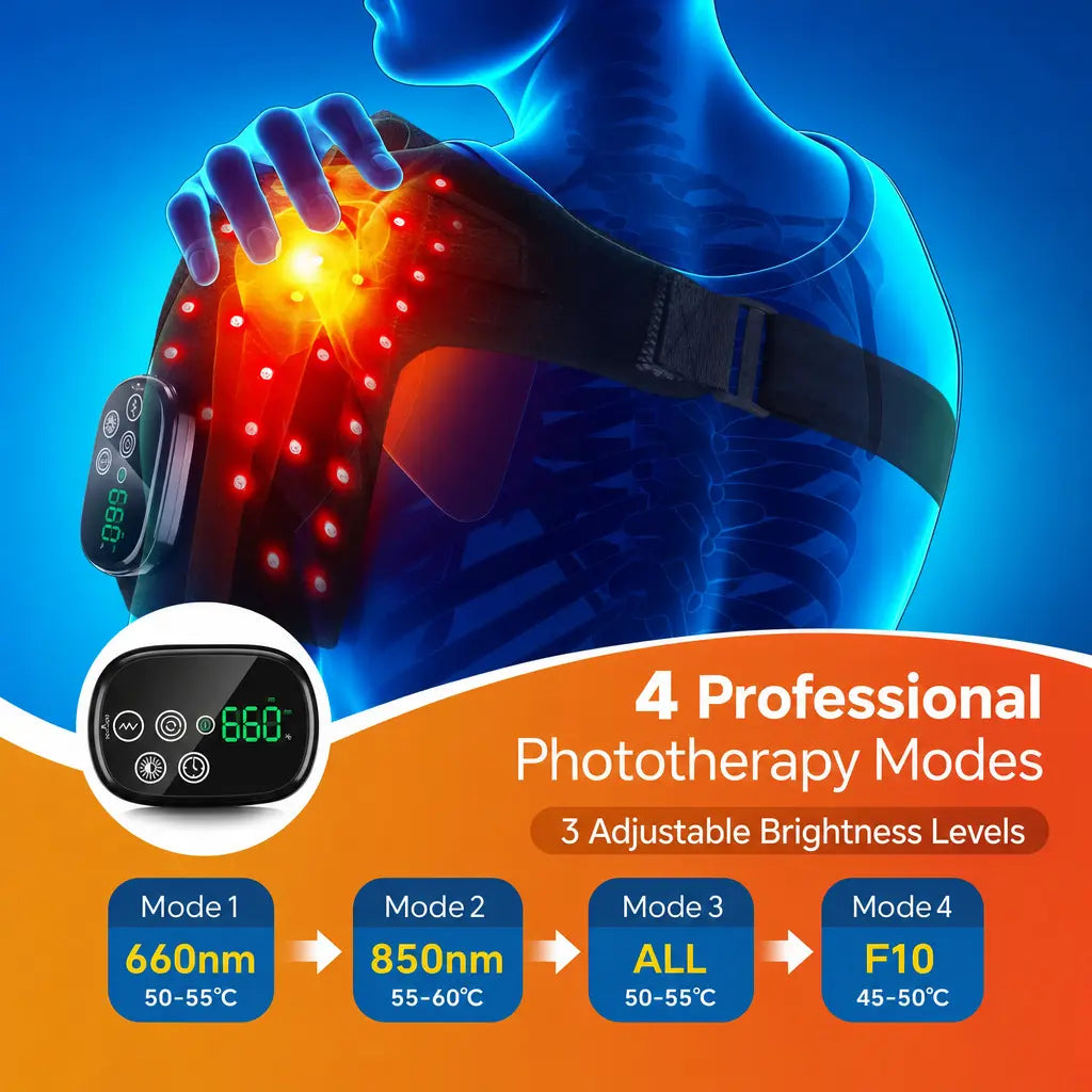 KATALYST red light shoulder massager infographic showing elastic and breathable neoprene material design