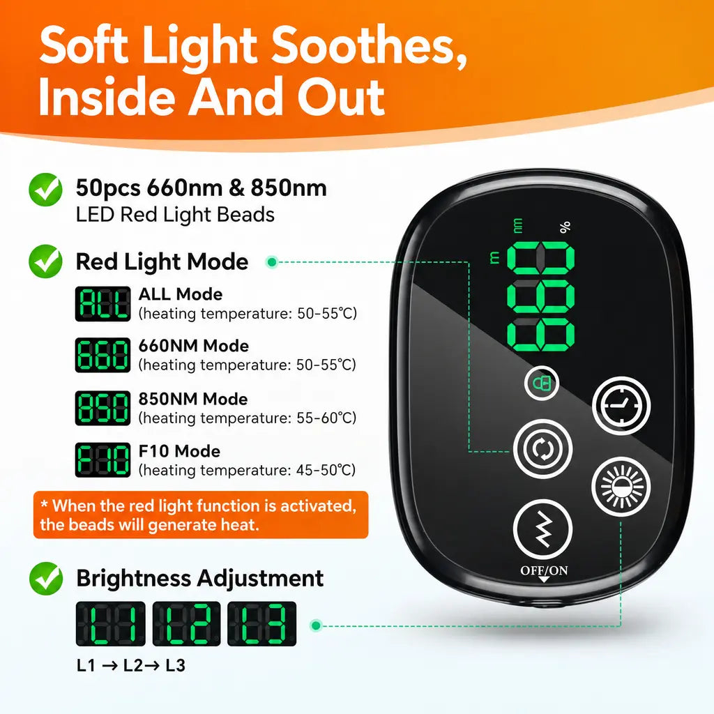 KATALYST red light shoulder massager infographic showing three vibration massage speeds for deep muscle relief