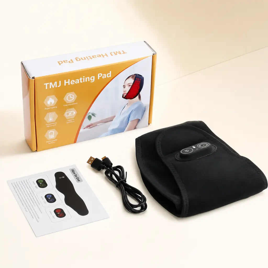 KATALYST cordless TMJ red light wrap lifestyle view of a woman wearing the jaw pain relief device at home.