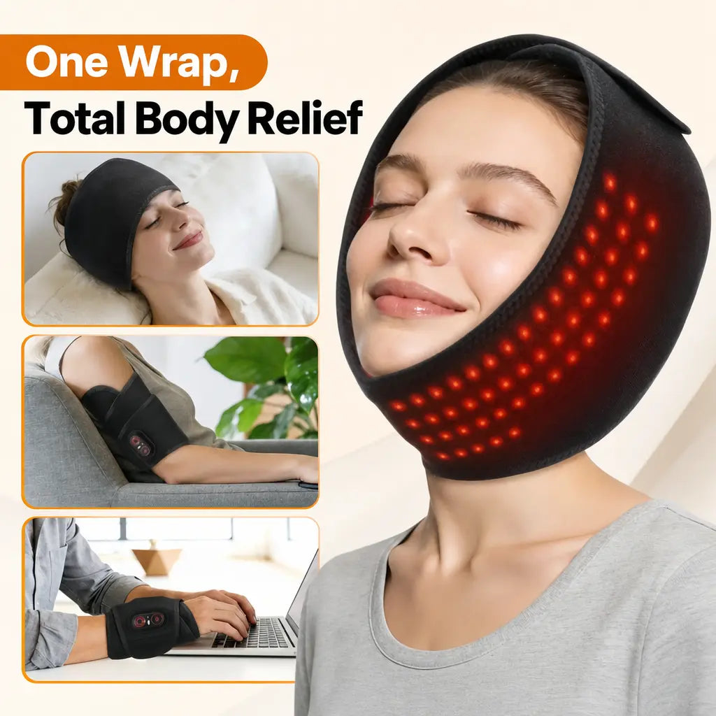 KATALYST TMJ red light wrap infographic illustrating target jaw pain relief and deep tissue muscle recovery.