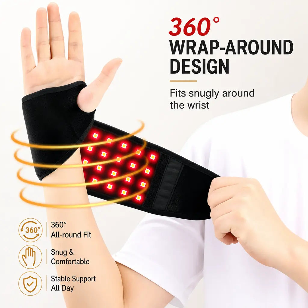 KATALYST USB Red Light Wrist Wrap infographic, detailing 660nm red light and 850nm near infrared wavelengths.