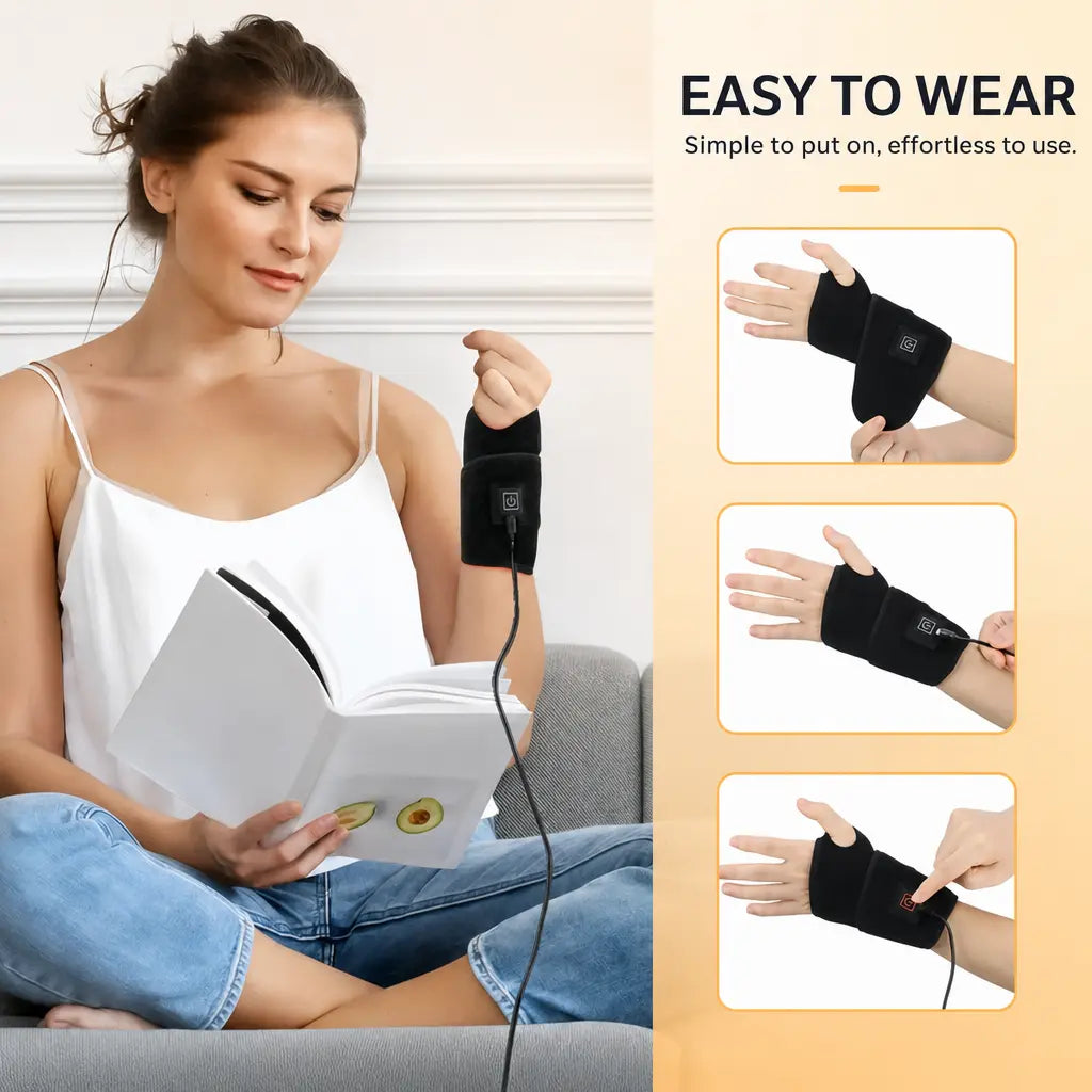 KATALYST USB Red Light Wrist Wrap lifestyle, showing a person wearing the wearable strap for hand pain relief.