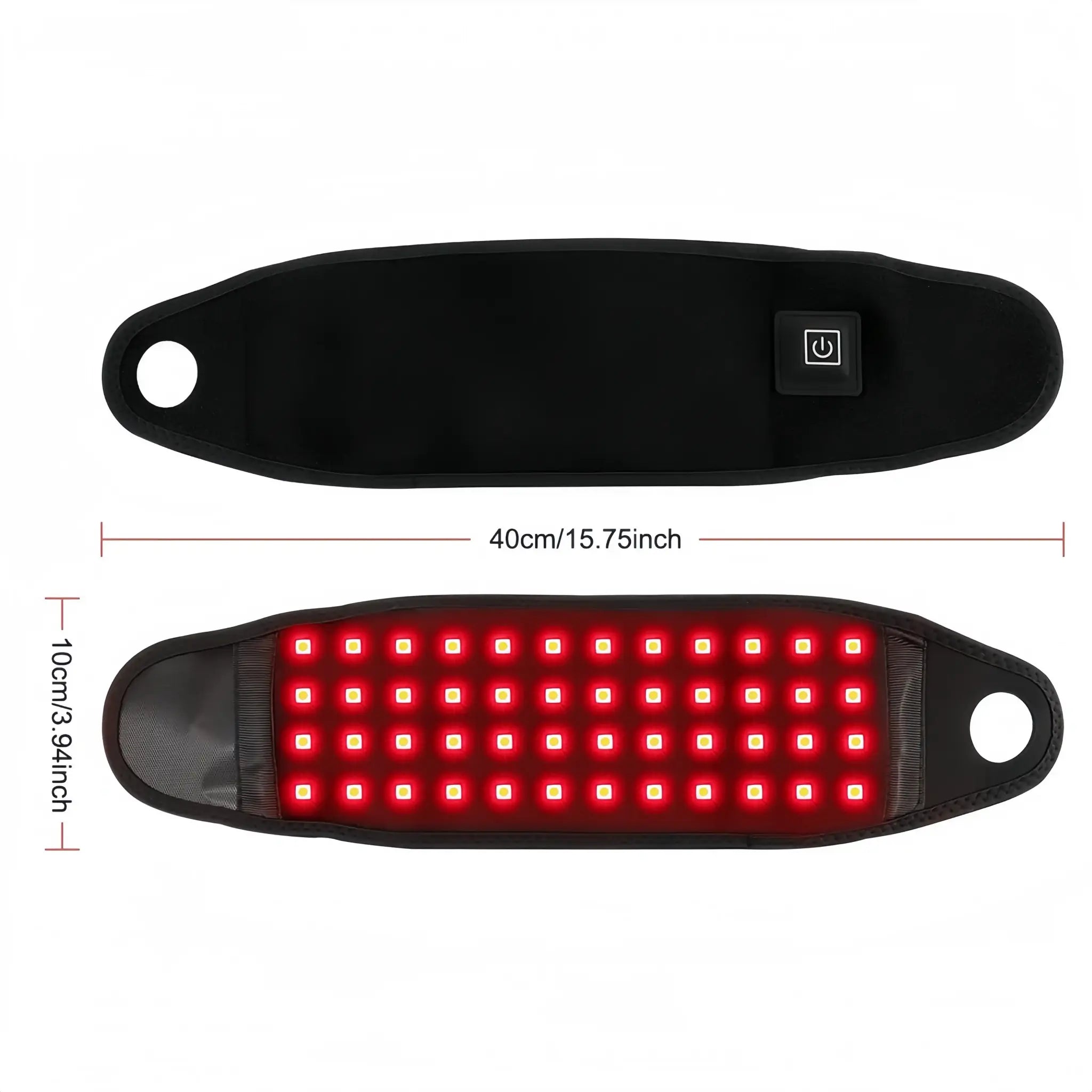 Katalyst USB red light wrist wrap shown on clean white background with 48 dual-chip LED beads matrix and one-button power control — 40cm x 10cm wrap layout